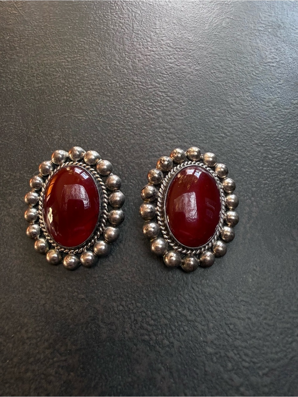 Authentic Taxco Mexico 925 Sterling Silver Red Carnelian Beaded Edge Earrings